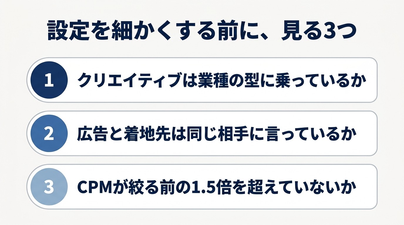 設定を細かくする前に見る3つを示した図。1つ目はクリエイティブが業種の型に乗っているか、2つ目は広告と着地先が同じ相手に言っているか、3つ目はCPMが絞る前の1.5倍を超えていないか